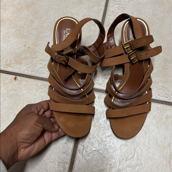 Lauren Ralph Lauren Aleigh Sandal Wedge Brown Open Toe Strappy 8.5b - Picture 2 of 6